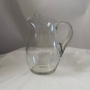 10in Crystal Pitcher Hand Blown Glass Ice Lip Applied Handle Polished Pontil